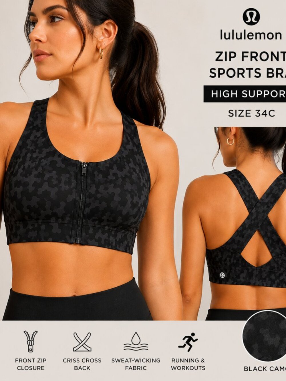 Lululemon 34C High Support Zip Front Running Bra Black Camo